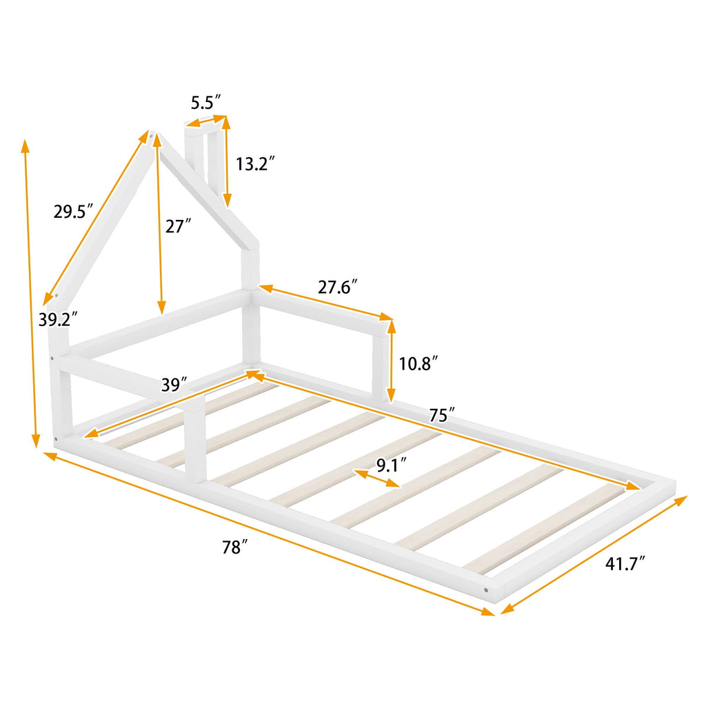 Floor Bed With House Shaped Headboard - Twin Size, Solid Pine - White or Light Brown