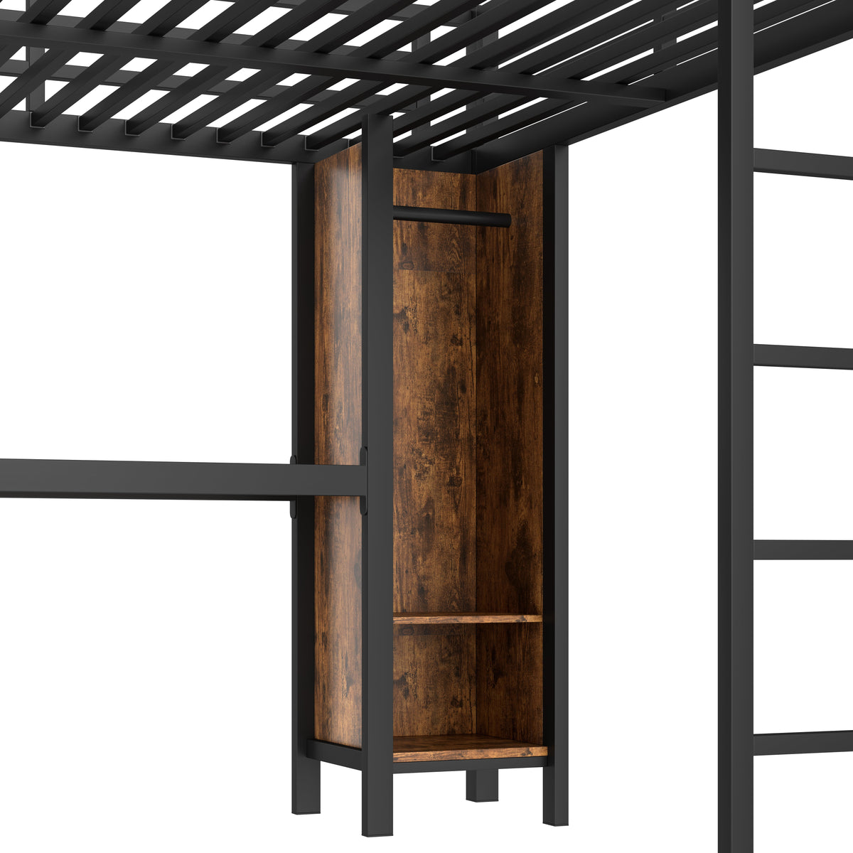 Metal Loft Bed with L-Shaped Desk and Wardrobe - Queen Size