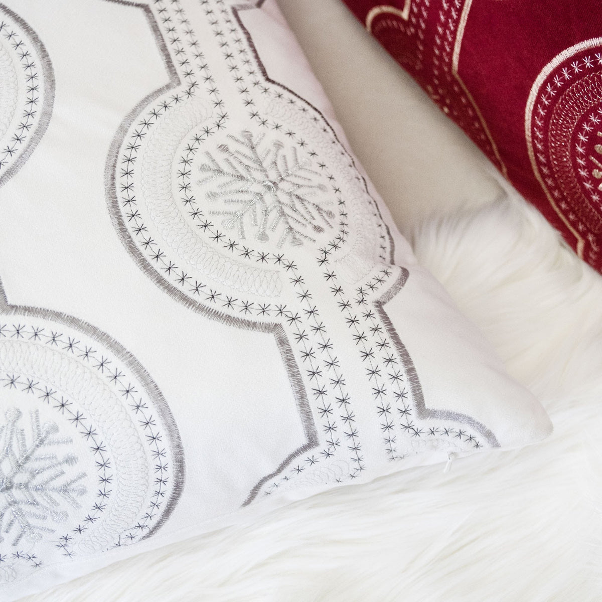 White Holiday Embroidered Velvet Throw Pillow Set 20x20 with Inserts - White