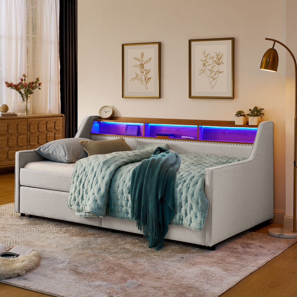 Twin Upholstered Sofa Bed with LED Lights and Storage Drawers - Beige