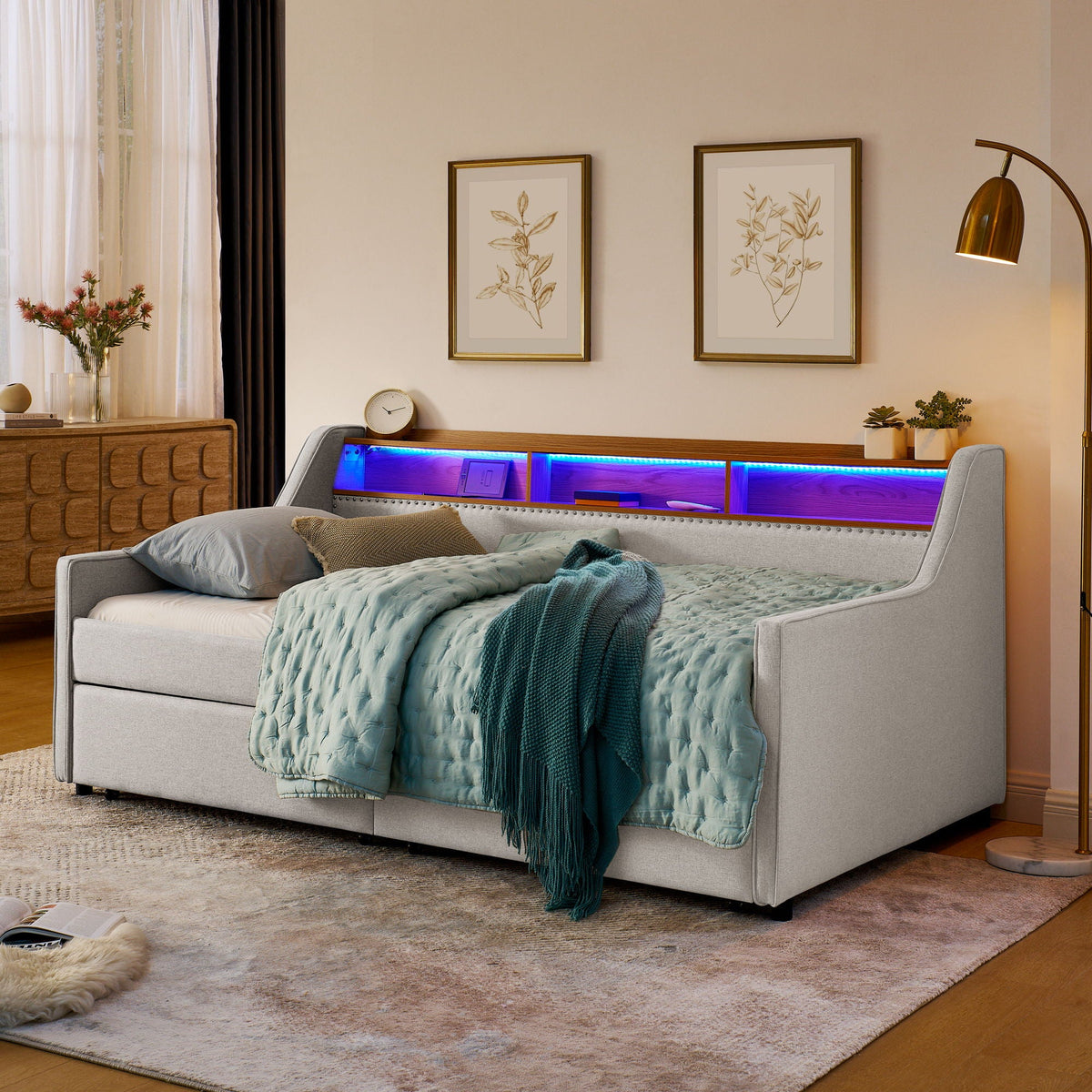 Twin Upholstered Sofa Bed with LED Lights and Storage Drawers - Beige