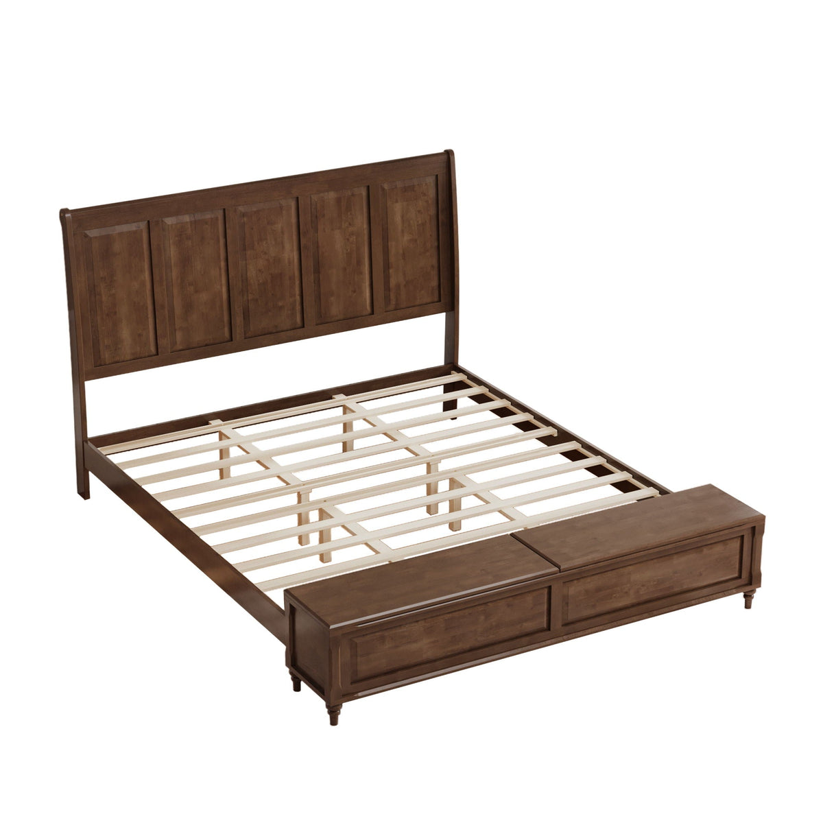 Sleigh Bed Frame with Tall Headboard and Storage Bench - Dark or Light Brown