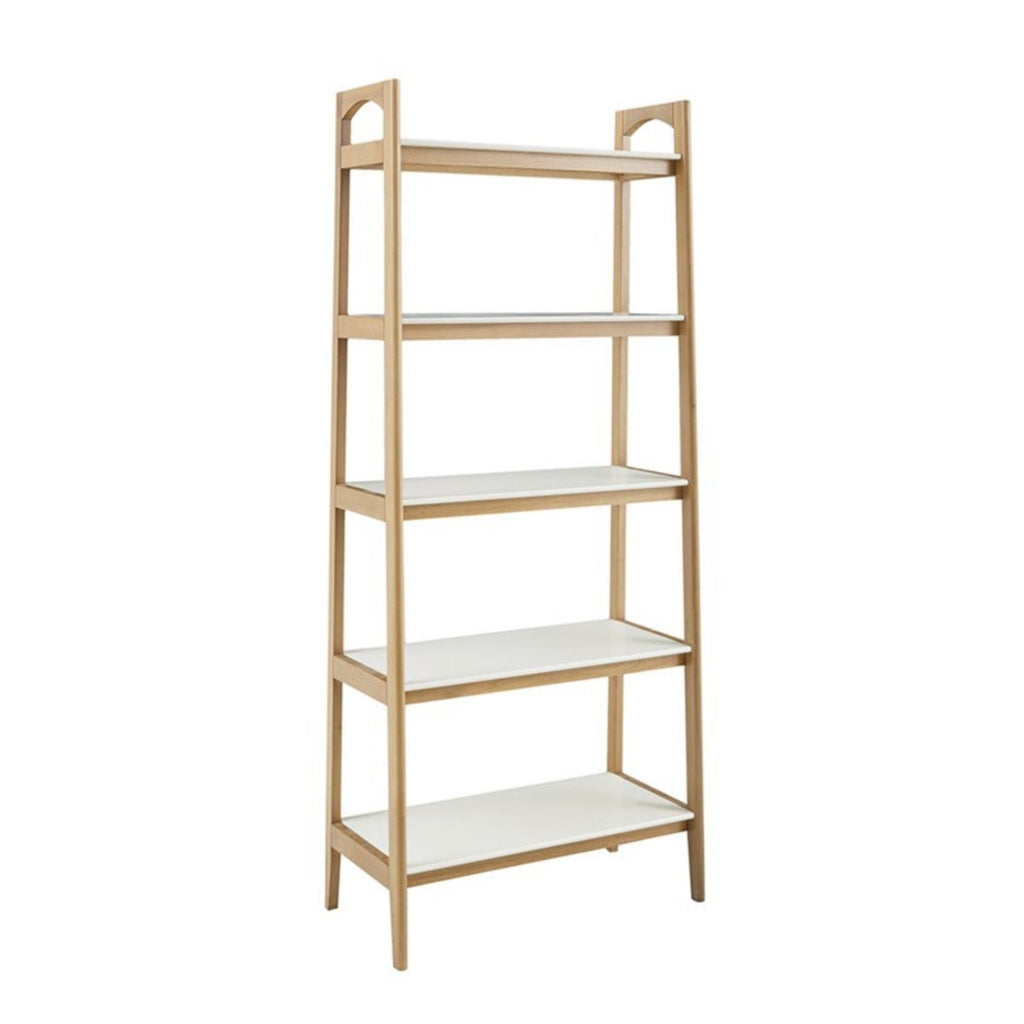 Off White & Natural Ladder Bookcase with 5 Shelves - Solid Wood Frame