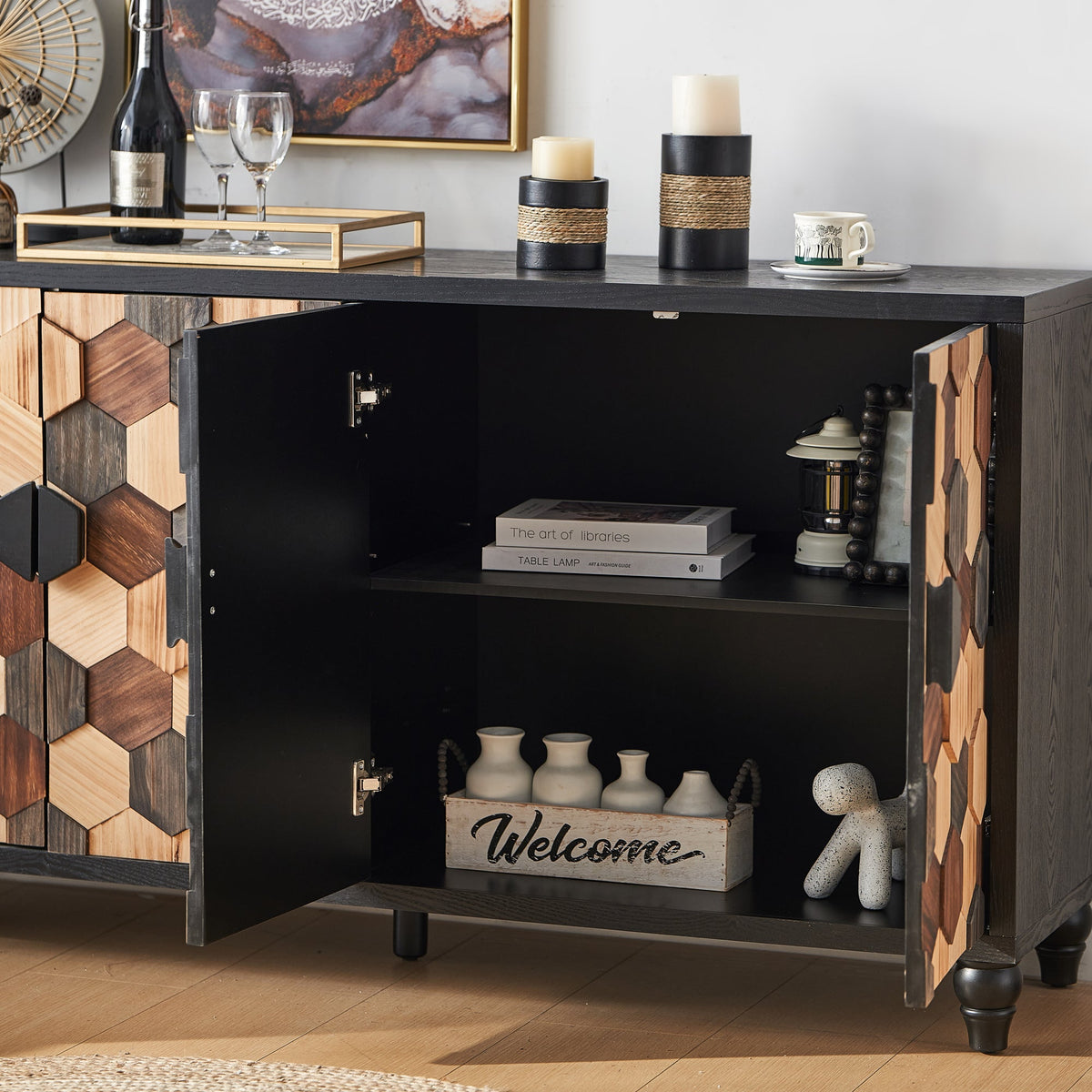 Distressed Storage Cabinet with Honeycomb Pattern - Engineered Wood