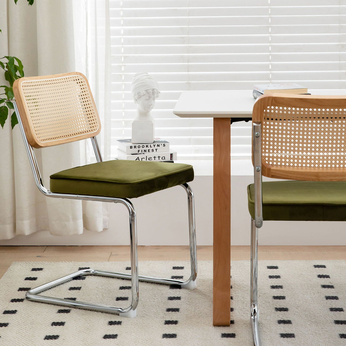 Rattan Side Accent Dining Chairs with Painted Legs - Green (Set of 2)