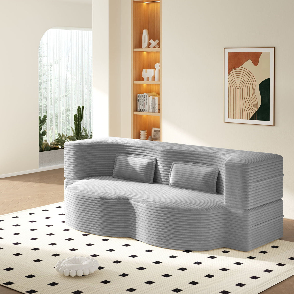 Convertible Floor Sofa with 2 Pillows - Twin Size Corduroy - White or Gray