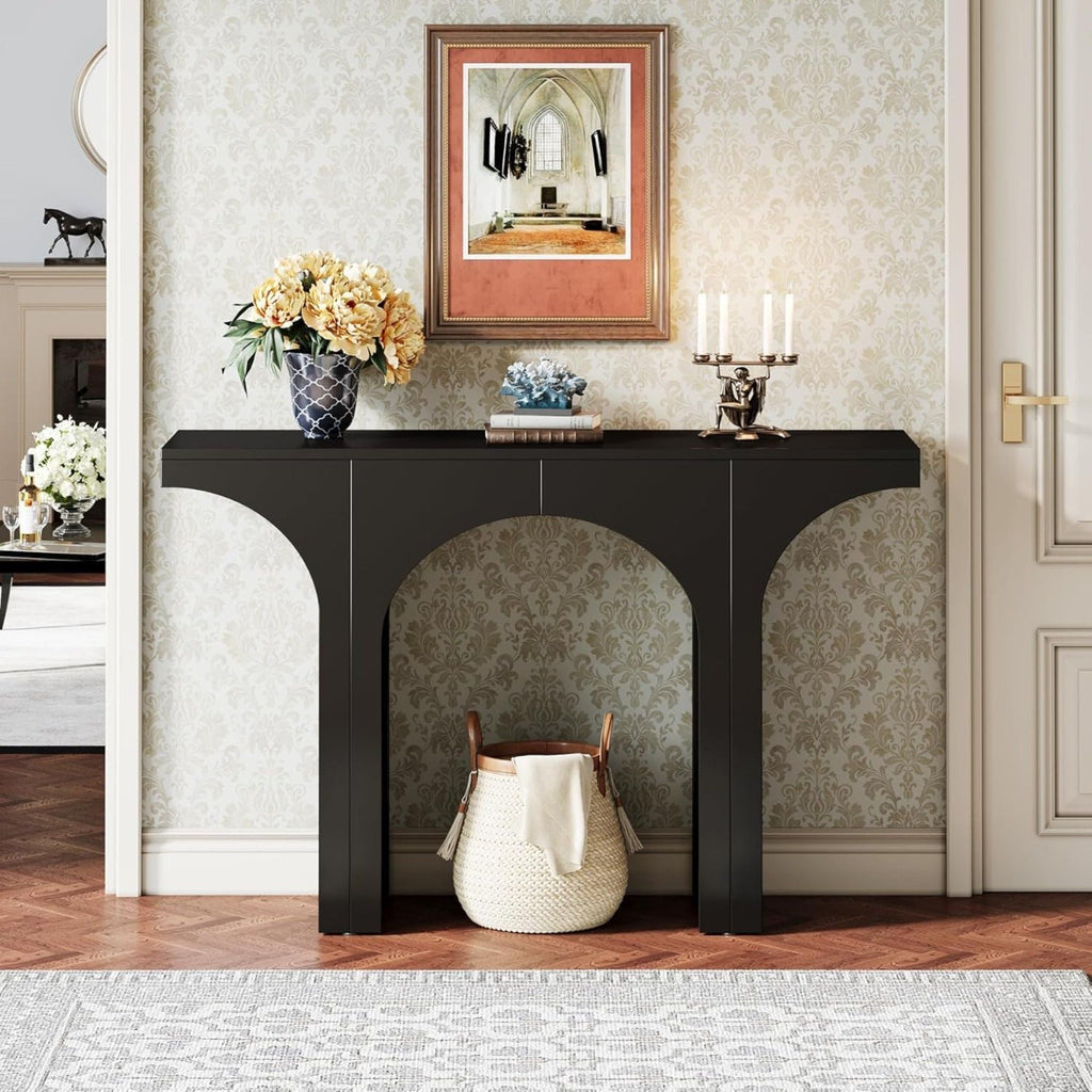 Black Console Table with Arched Base - Solid Wood & MDF