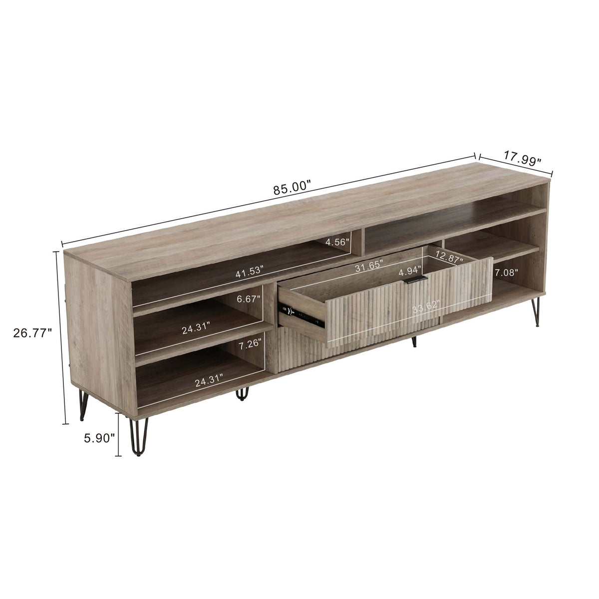 Fluted TV Stand with Storage and Metal Legs - Multiple Colors