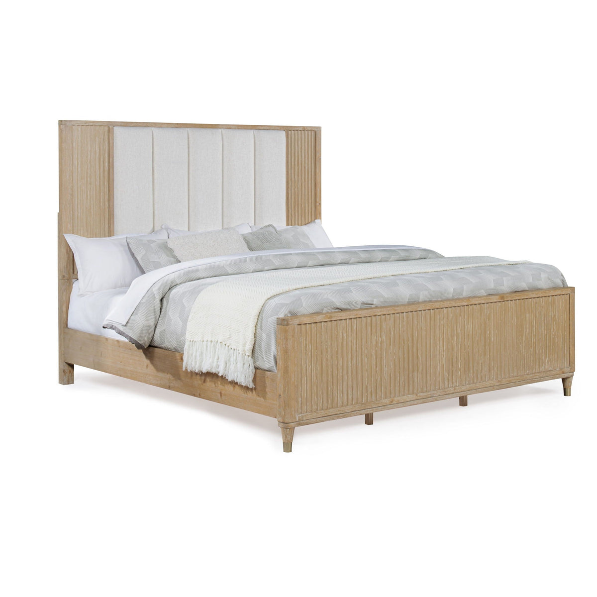 Light Brown High Headboard Panel Bed with Upholstered Feature