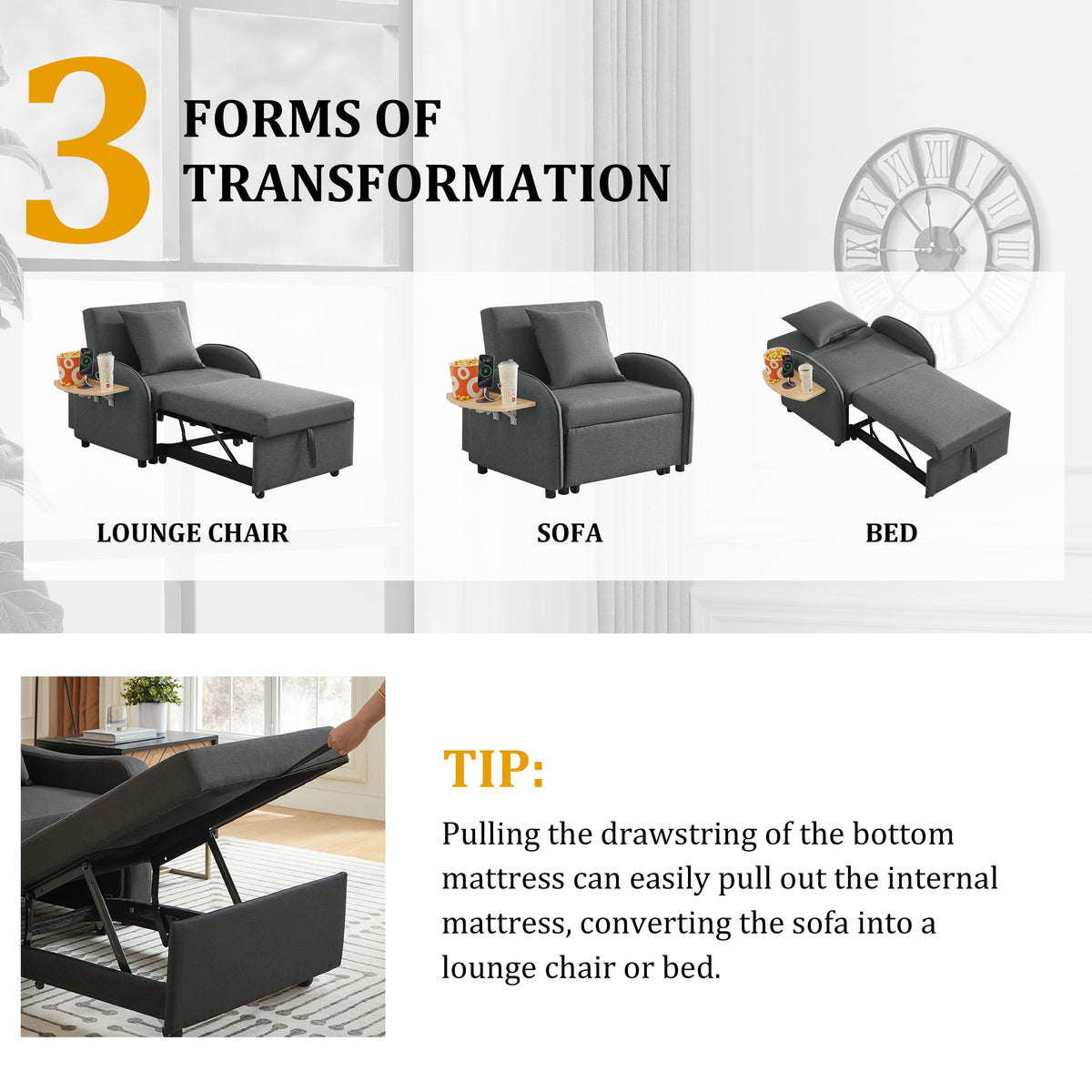 3-in-1 Convertible Sleeper Sofa Chair Bed with USB & Foldable Table - Linen