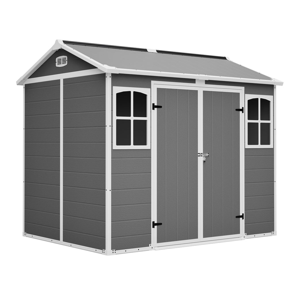 Plastic Utility Shed 8x6 ft with Floor – Lockable Storage Shed - Gray-White