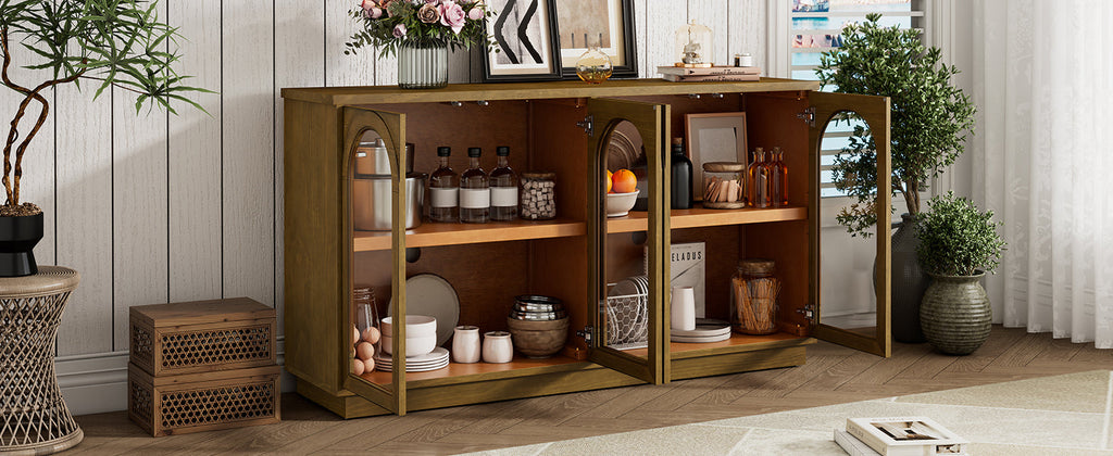 Large Storage Buffet Cabinet with Glass Doors - 4-Door Server, MDF & Pine Wood