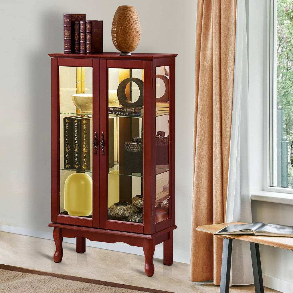Lighted Curio Display Cabinet with Adjustable Shelves - Light Brown, Dark Brown, Dark Red