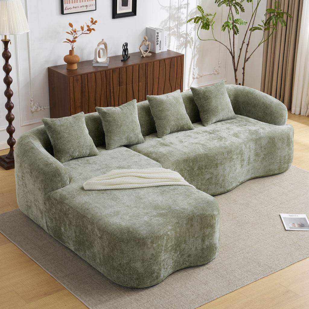 Modular L-Shape Sectional Sofa with Curved Chaise - Green, Beige, Gray