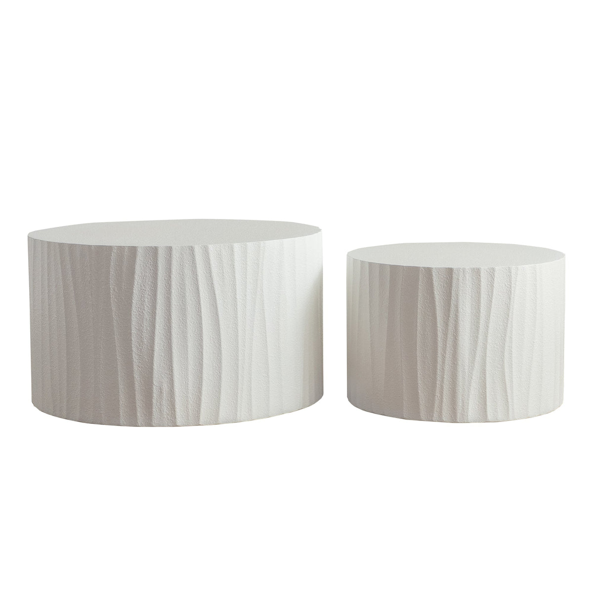 Nesting Coffee Table Set of 2 Round Wooden Tables with Handcrafted Relief - Wood Finish