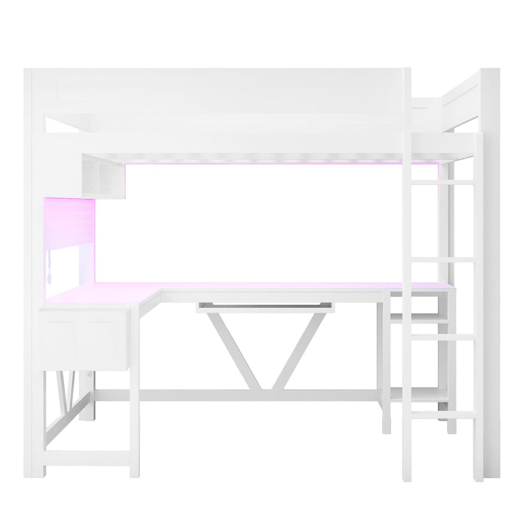 Gaming Loft Bed With Desk, Storage Shelves, LED and Charging Station - Full