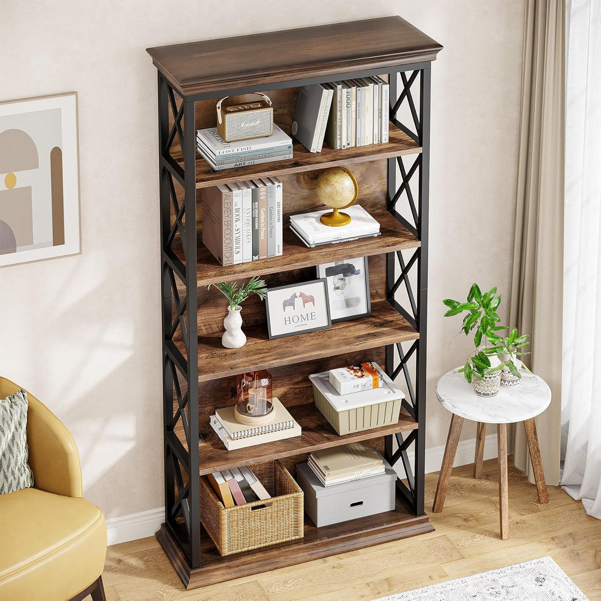 6 Tier Industrial Bookcase with X Pattern Design - Rustic Brown
