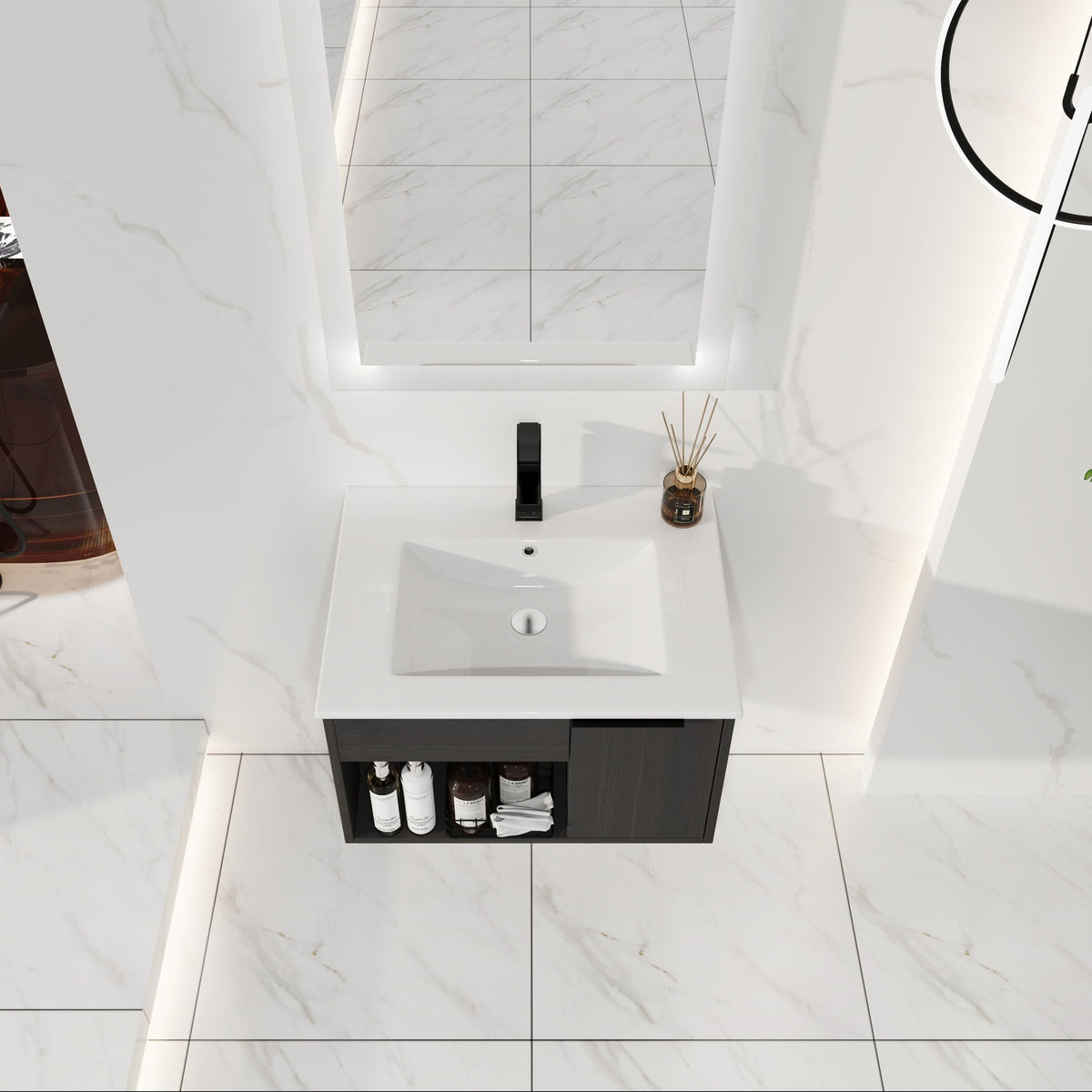Wall Mounted Floating Bathroom Vanity with Open Shelf & Soft Close Door - Dark Brown