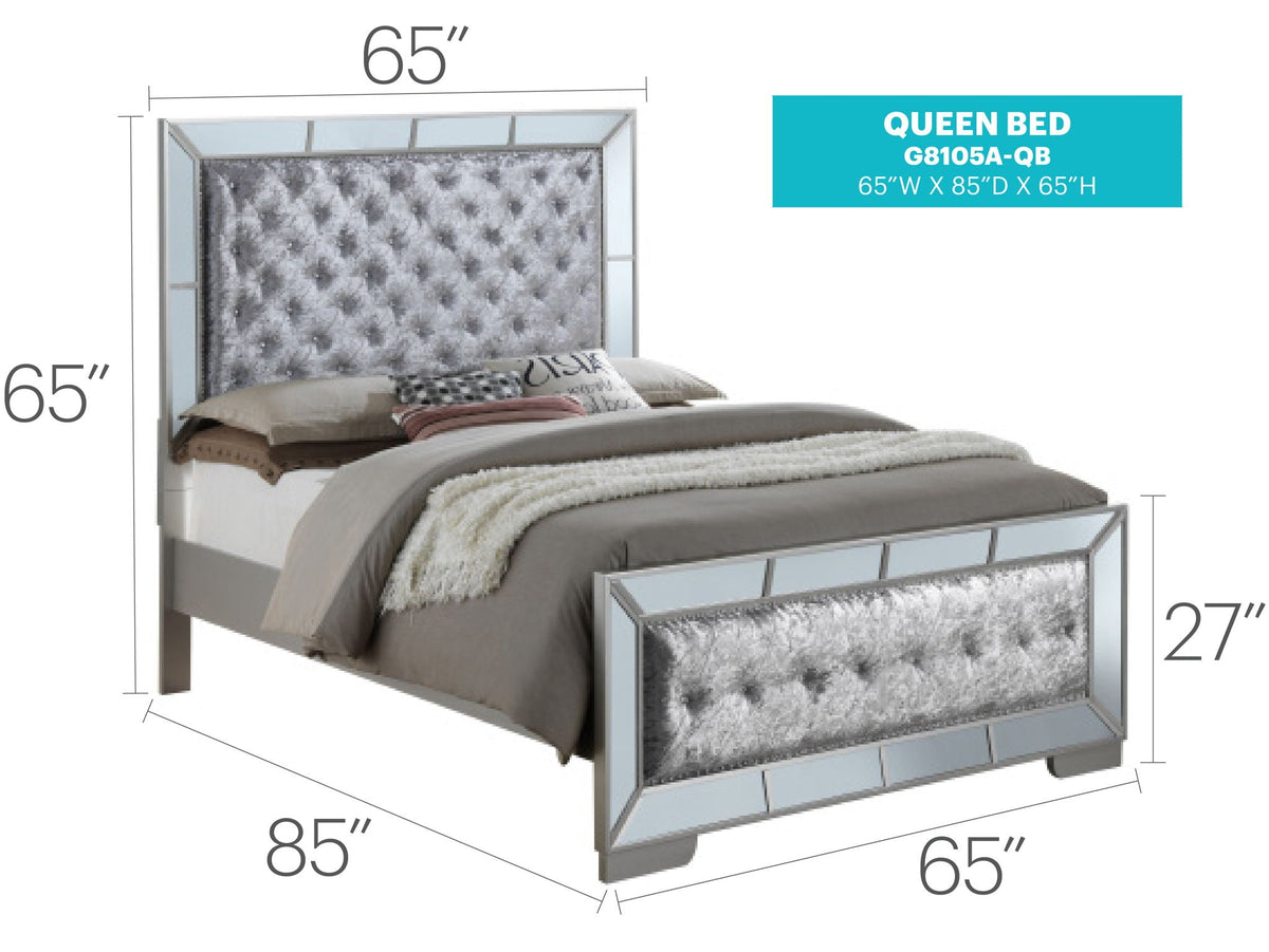 Contemporary Panel Bed with Mirrored Accents - Beige or Pearl Silver
