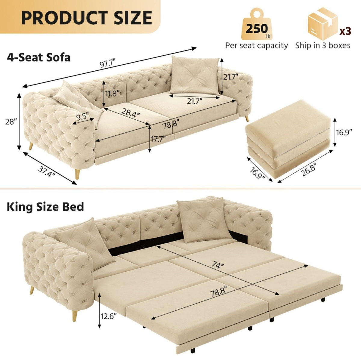 3-In-1 Convertible Sleeper Sofa Set with Deep Seat & Movable Ottoman - White, Beige, Gray