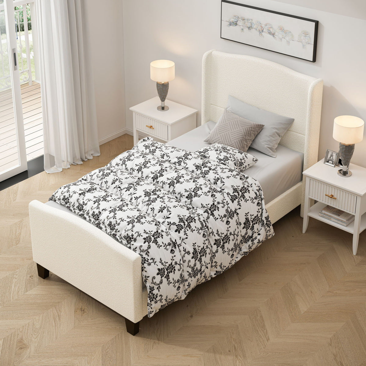 Platform Bed Frame with Tall Headboard and High Footboard - White or Gray