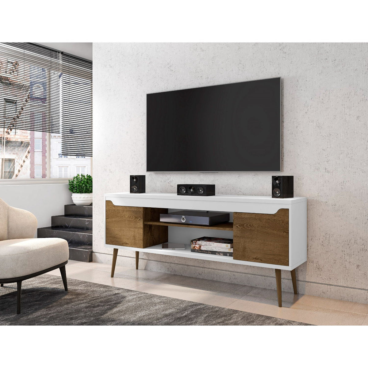 Mid-Century Modern TV Stand with Solid Wood Splayed Legs - White or Black