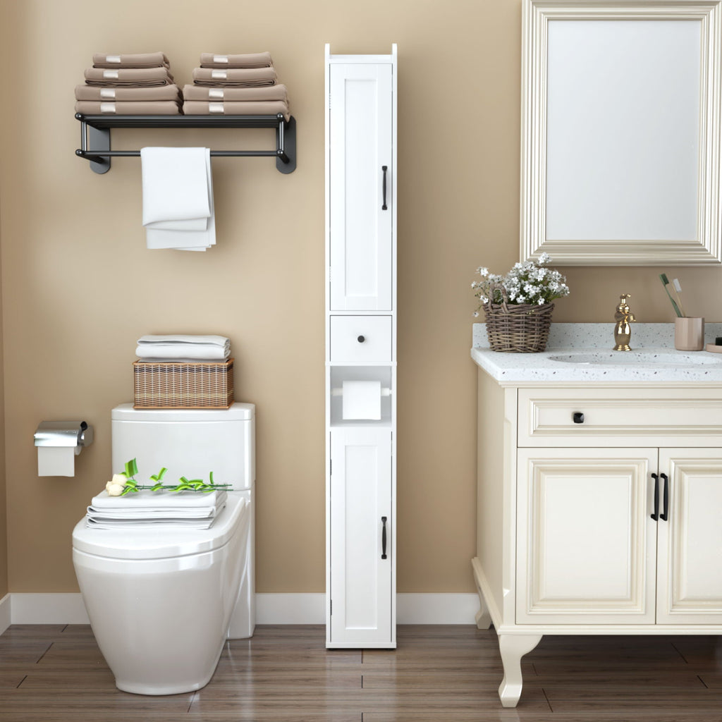 Slim Tall Bathroom Storage Cabinet with Adjustable Shelves - White