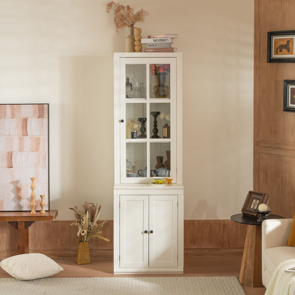 Retro Style Hutch Cabinet with Glass Door - White
