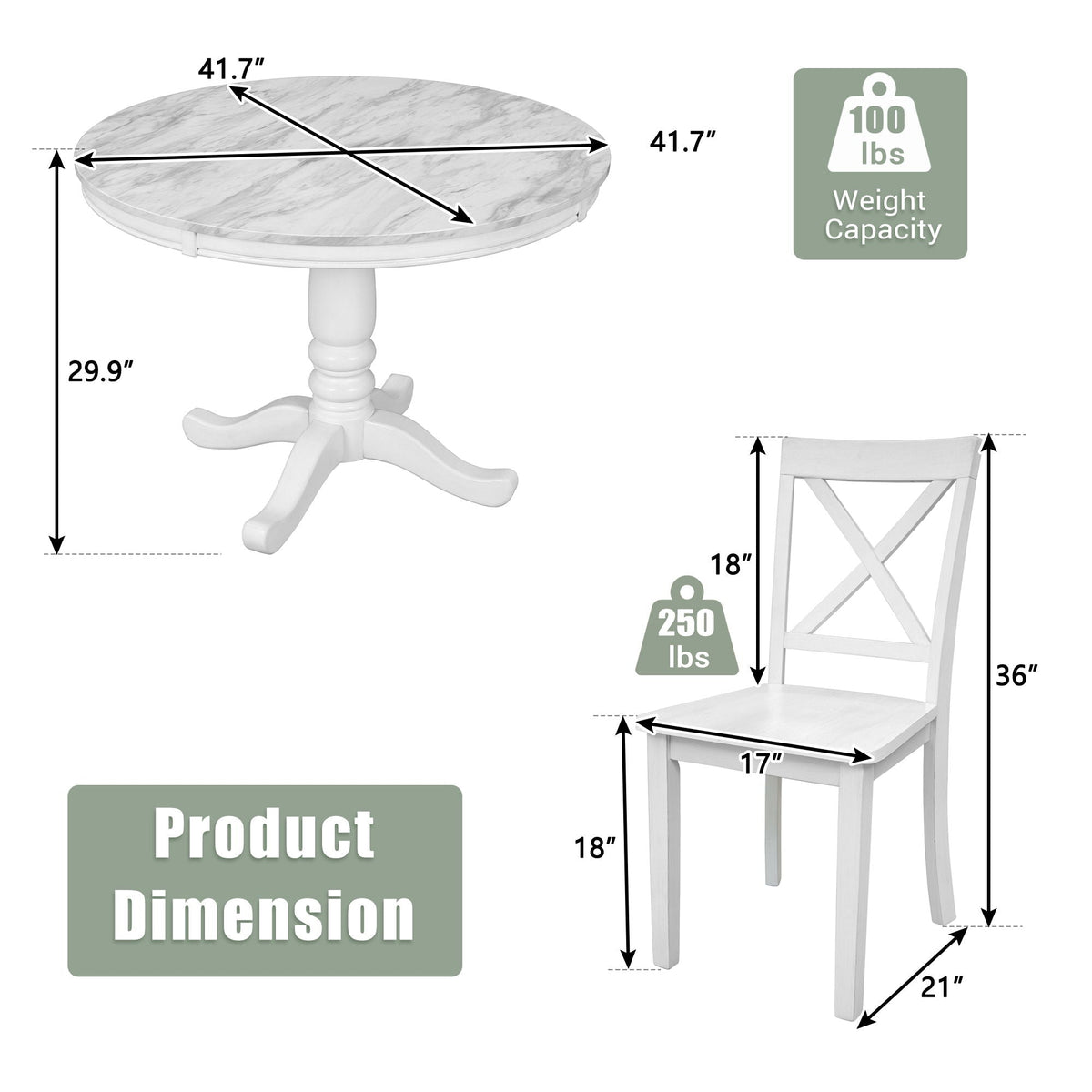 Solid Wood 5 Piece Dining Room Set with Table and 4 Chairs - White or Dark Gray
