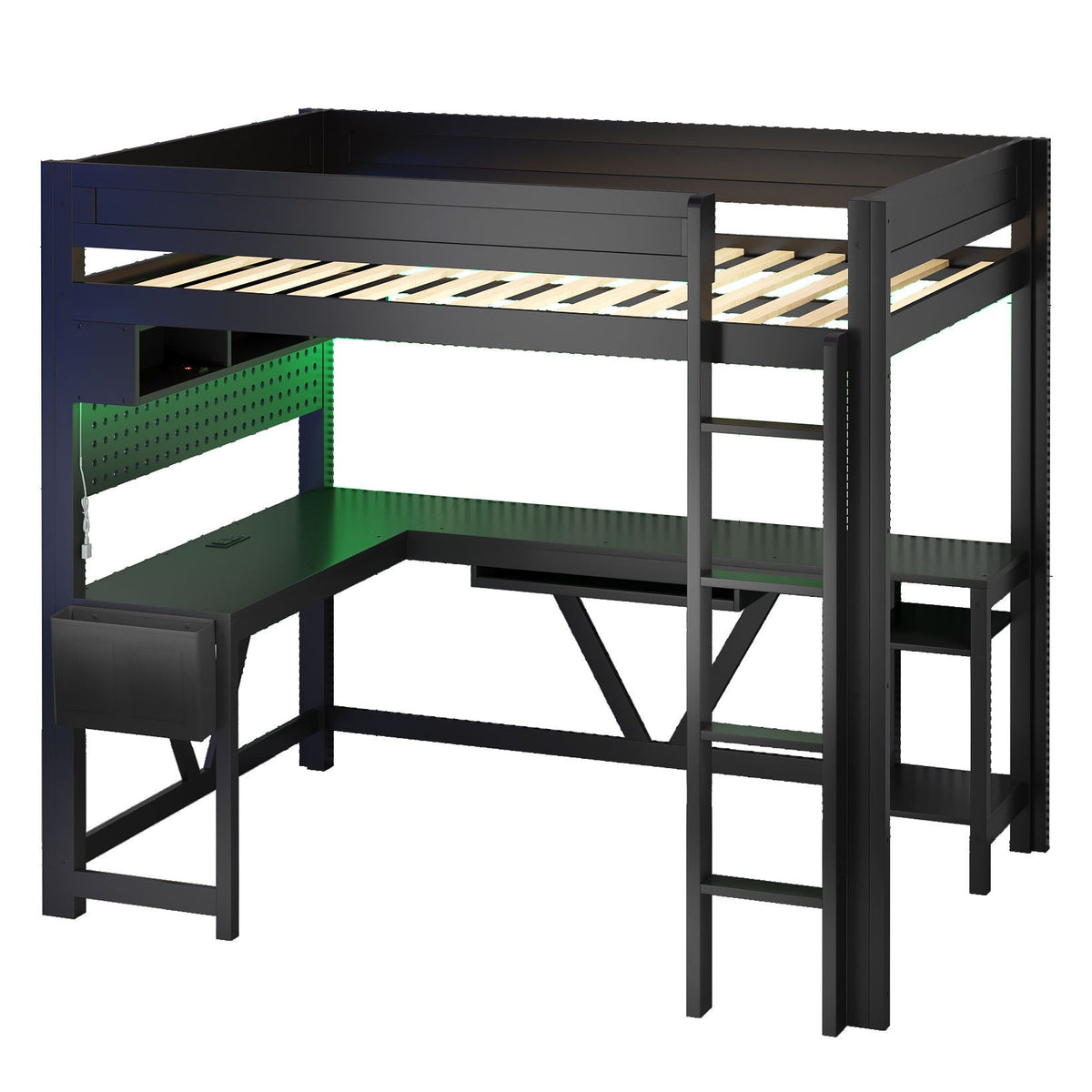 Gaming Loft Bed With Desk, Storage Shelves, LED and Charging Station - Full