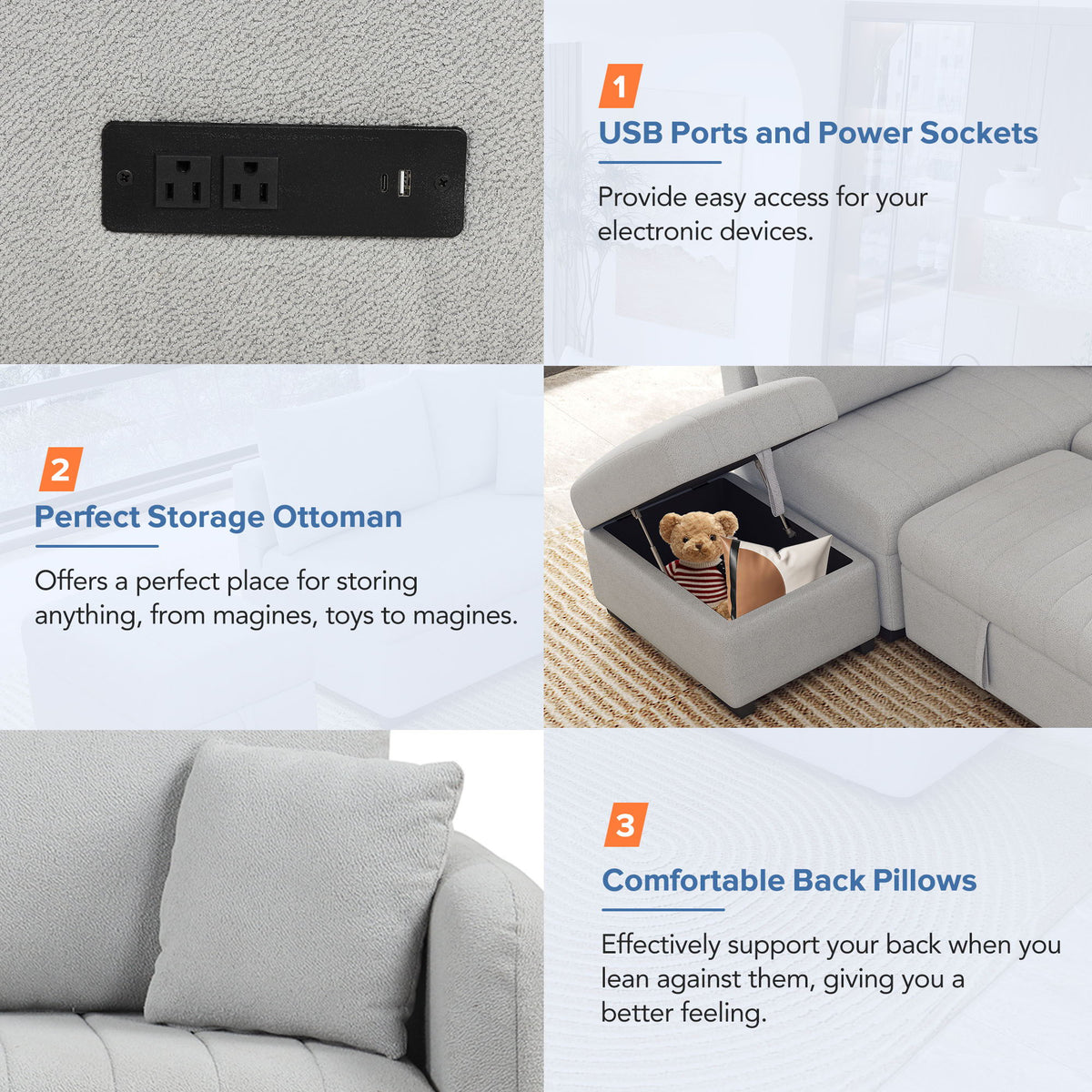 L-Shaped Sleeper Sectional with Pull-Out Bed and Storage Ottoman - Gray or Beige