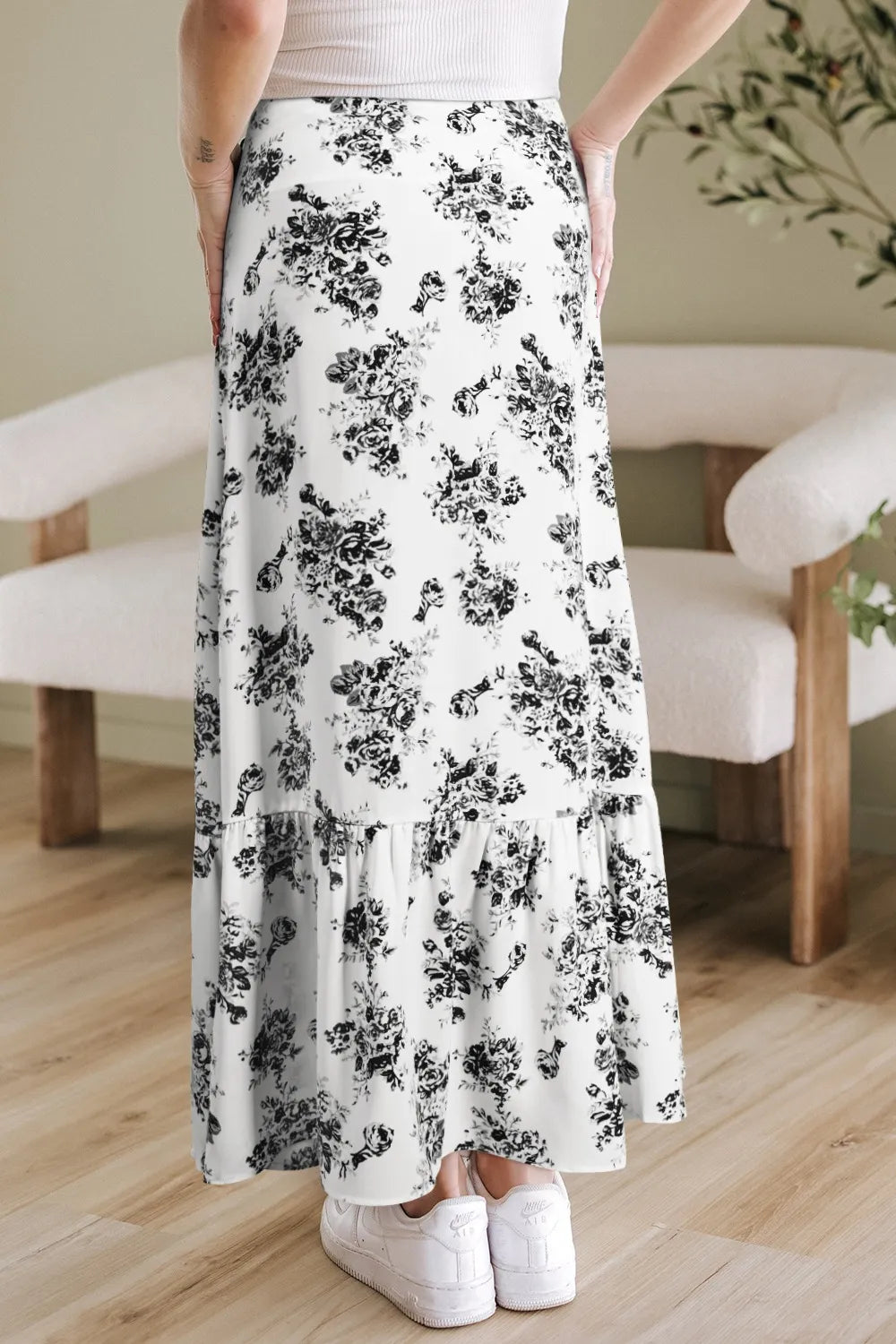 Boho Floral High Waist Ruffle Split Maxi Skirt