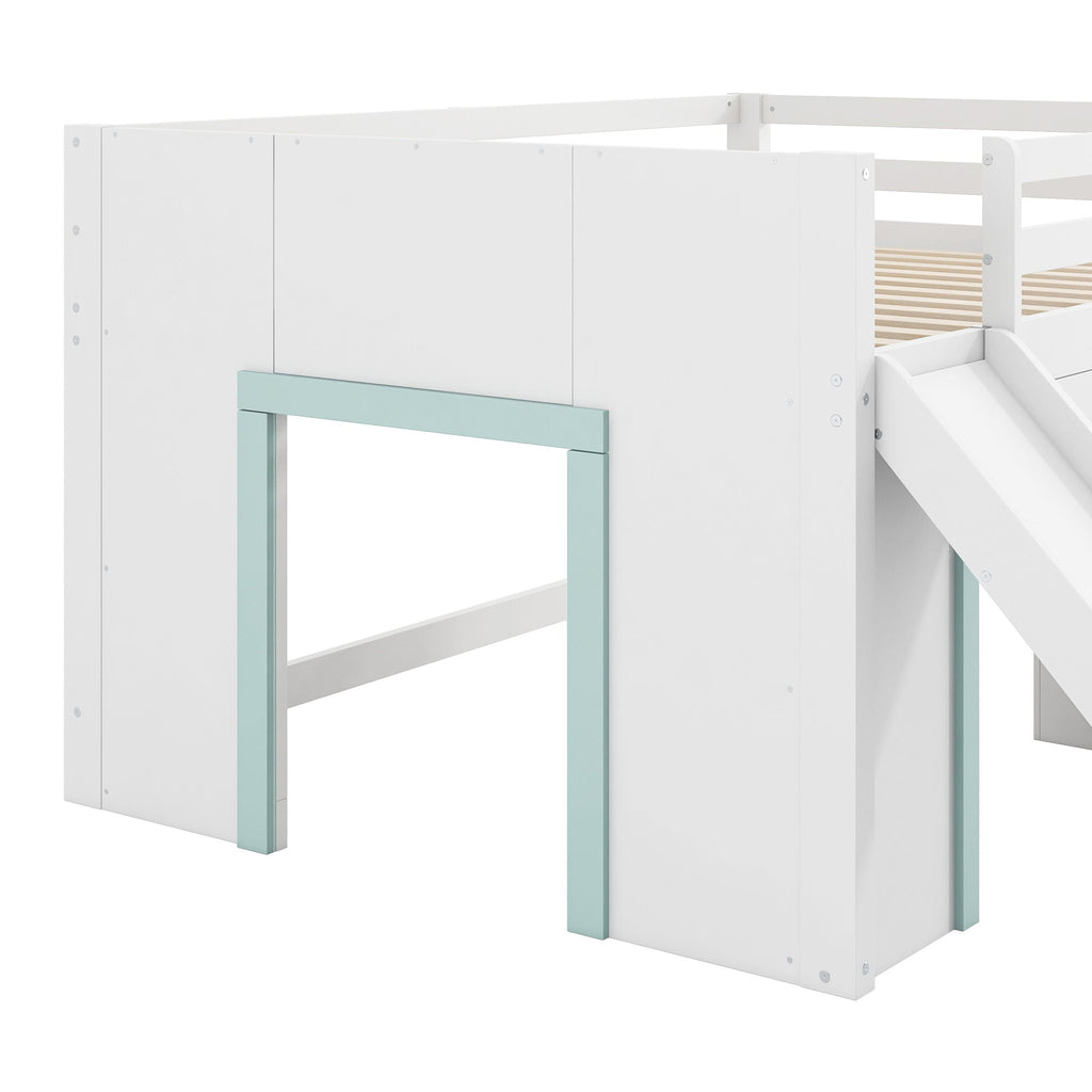 Modern Low Loft Bed with Slide, 3 Storage Drawers and 2 Doors - White