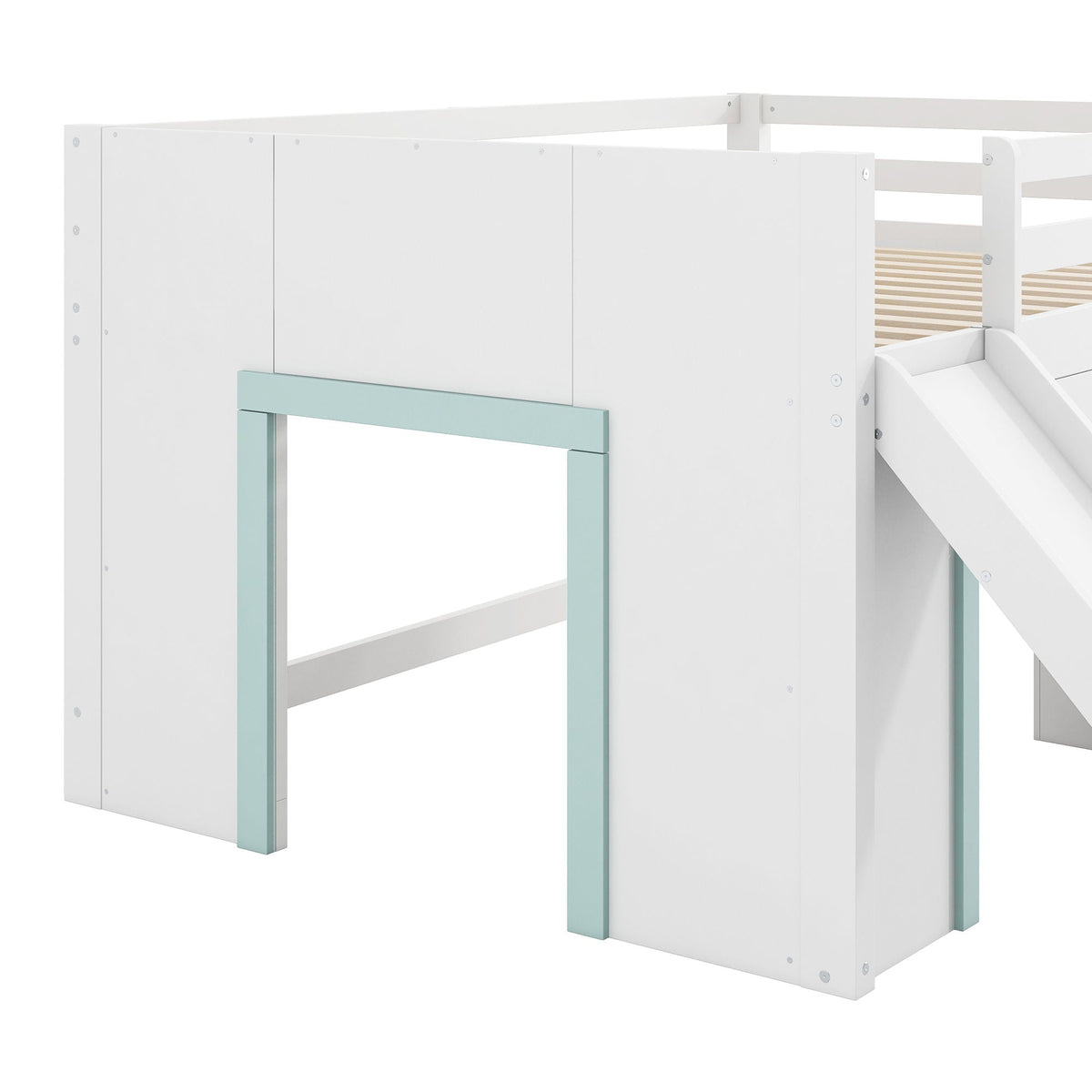 Modern Low Loft Bed with Slide, 3 Storage Drawers and 2 Doors - White