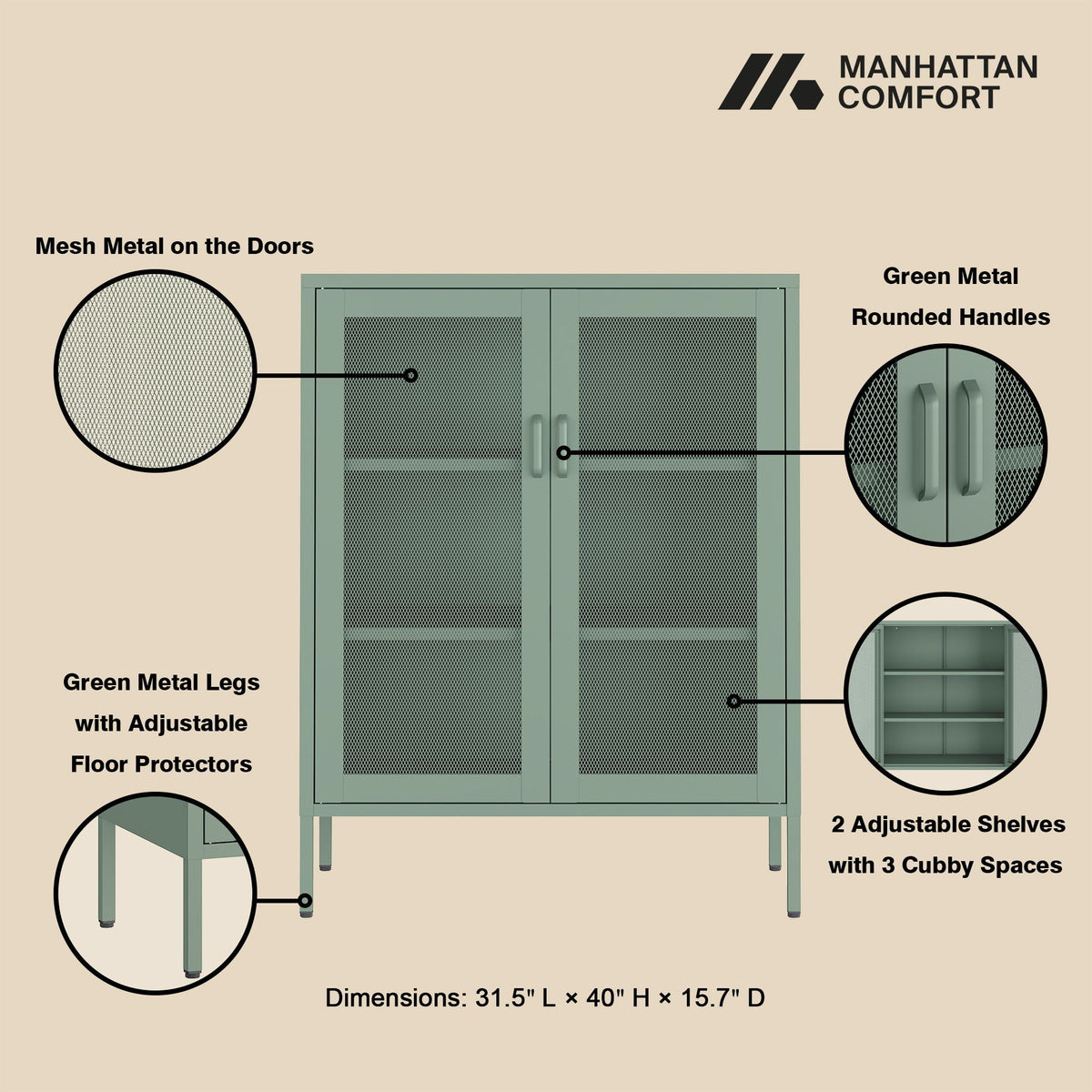 Metal Accent Cabinet with Adjustable Shelves - Black, Green, or White