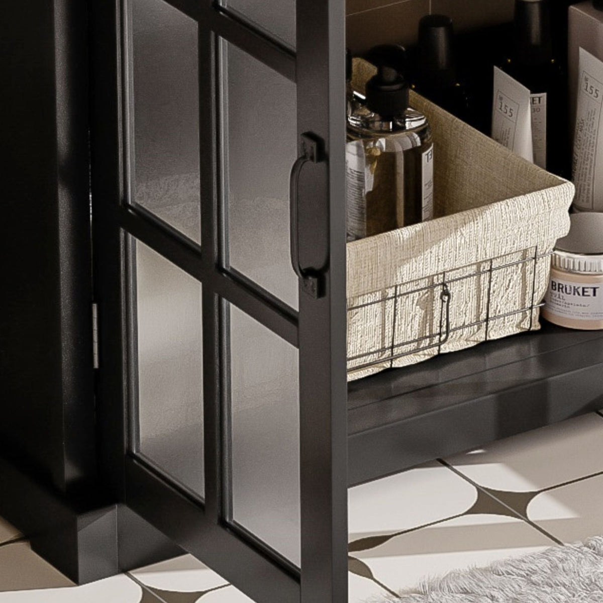 Modern Bathroom Vanity With Ceramic Sink, Tempered Blurred Glass Doors