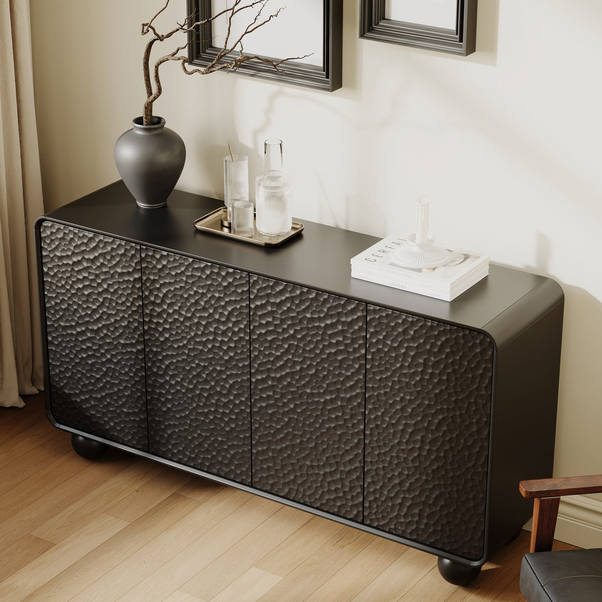 59" Sideboard Buffet Cabinet with Ample Storage - MDF, Modern Curved Design