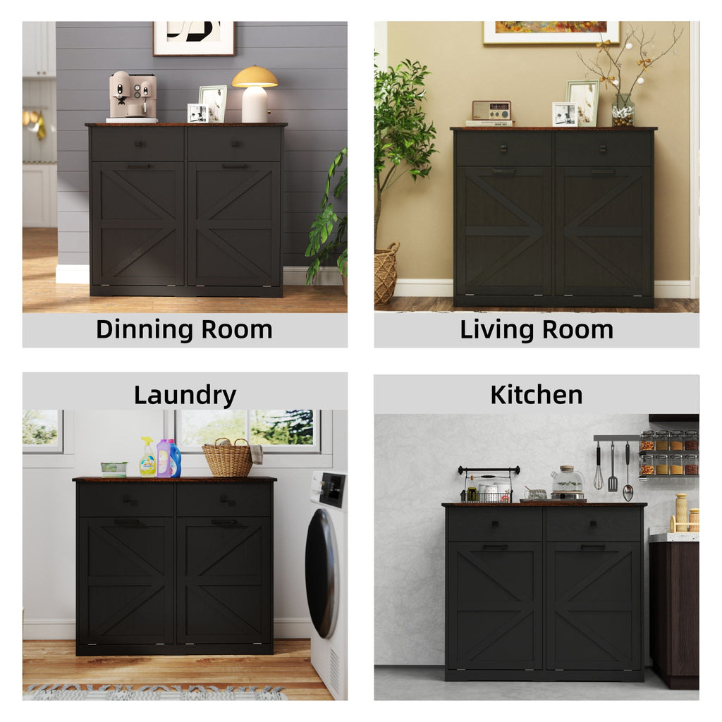 Double Tilt Out Trash Cabinet with Hideaway Drawer - Barn Door Style
