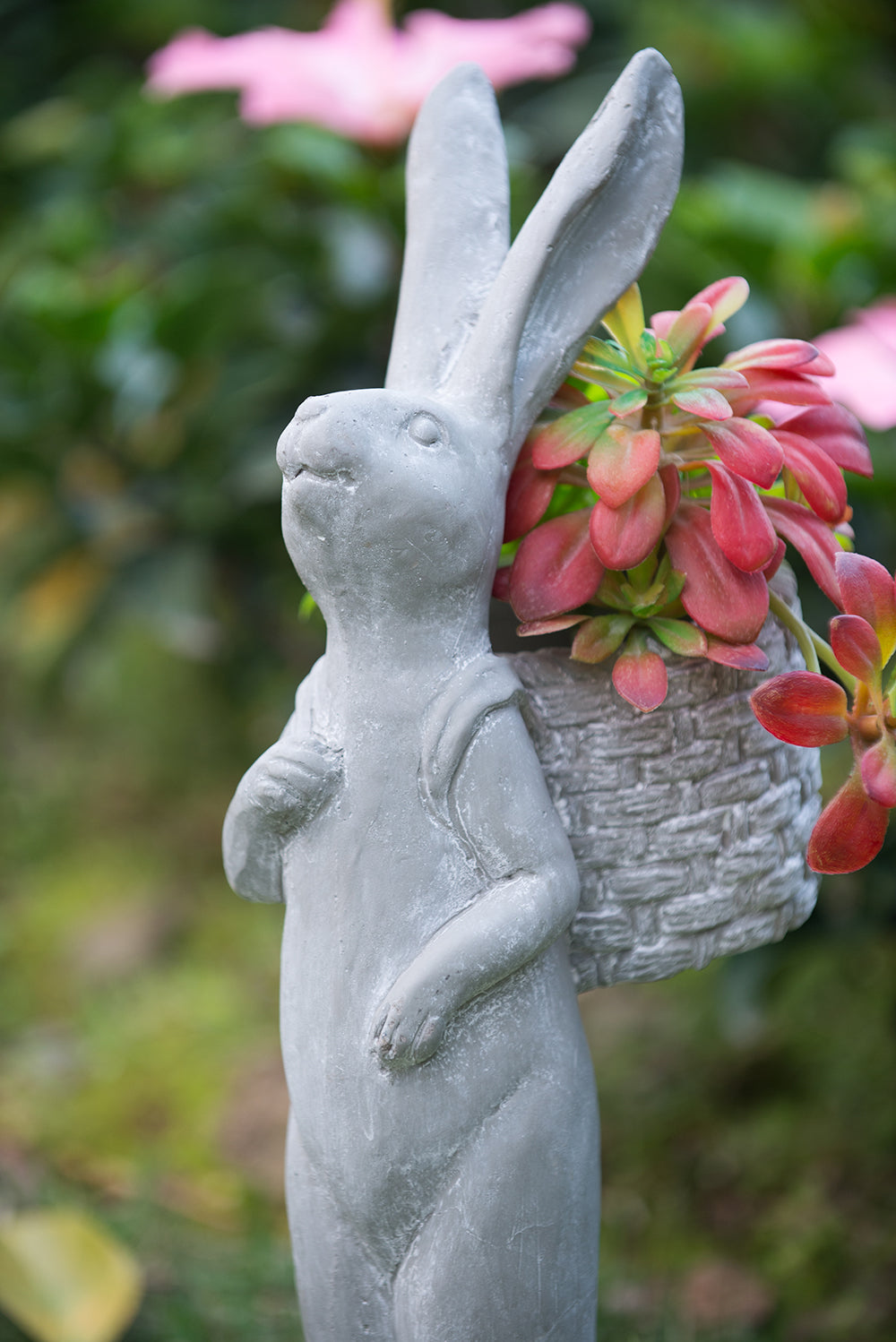Tall Cement Rabbit Planter with Basket - Organic Gray