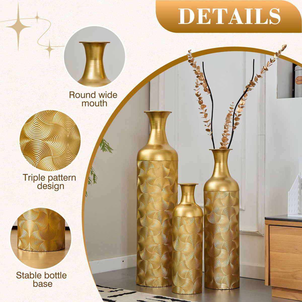 Semi-Handcrafted Metal Vase Set with Embossed Texture - Gold