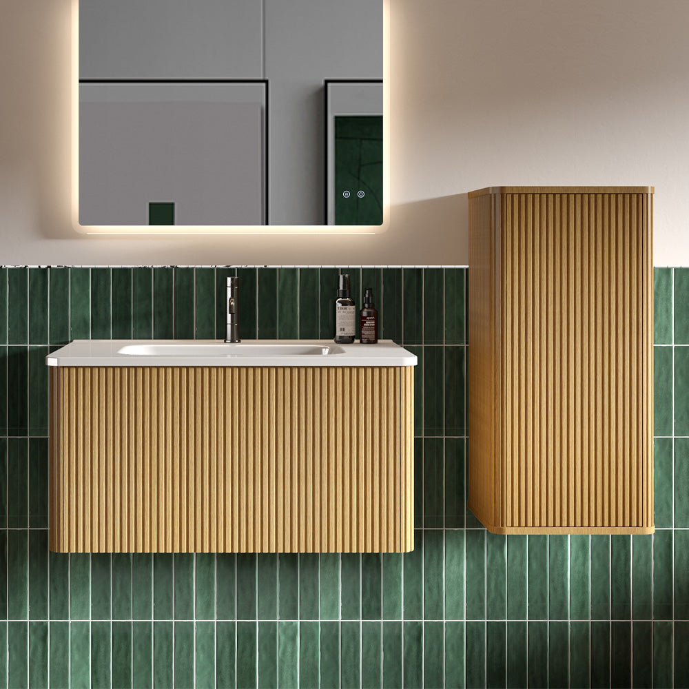 Floating Side Cabinet with Striped Texture - Bathroom Storage