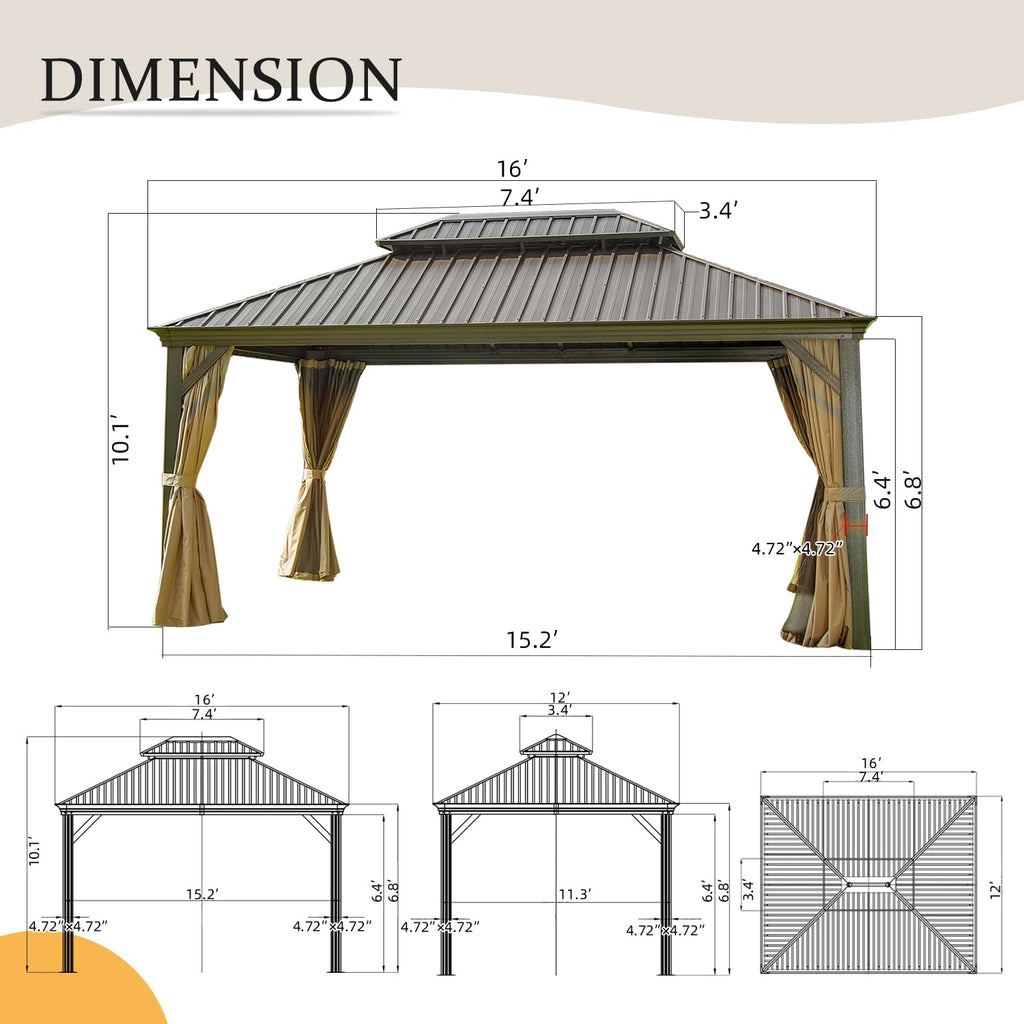 12' x 16' Hardtop Gazebo with Double Canopy - Brown