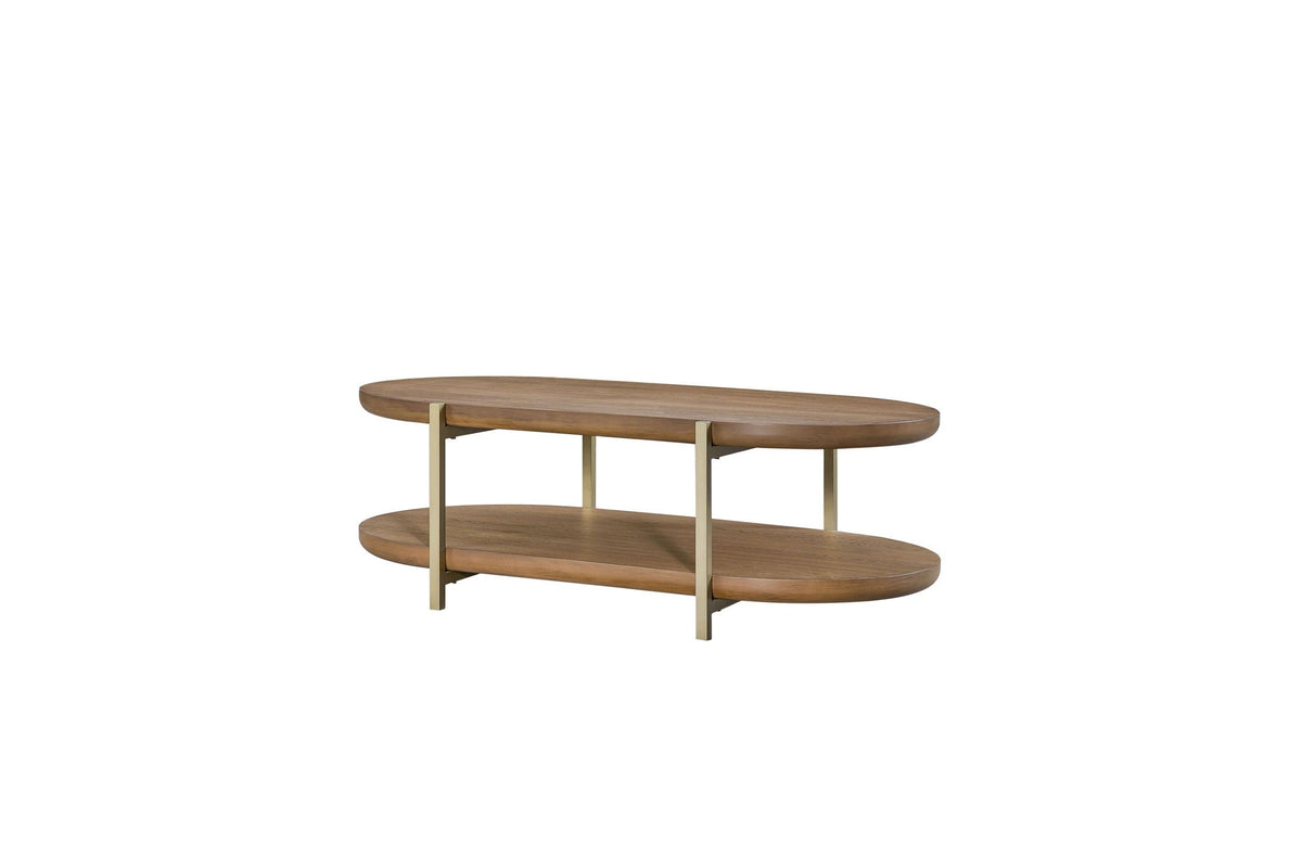 Light Brown Cocktail Table with Storage Shelf - Contemporary MDF & Elm Veneer