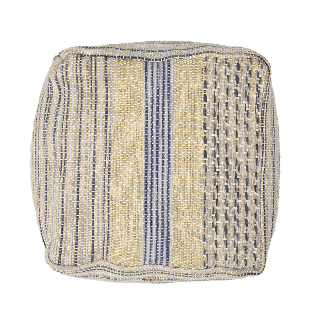 Handcrafted Fabric Pouf with Durable Hemp and Wool - Natural / Blue