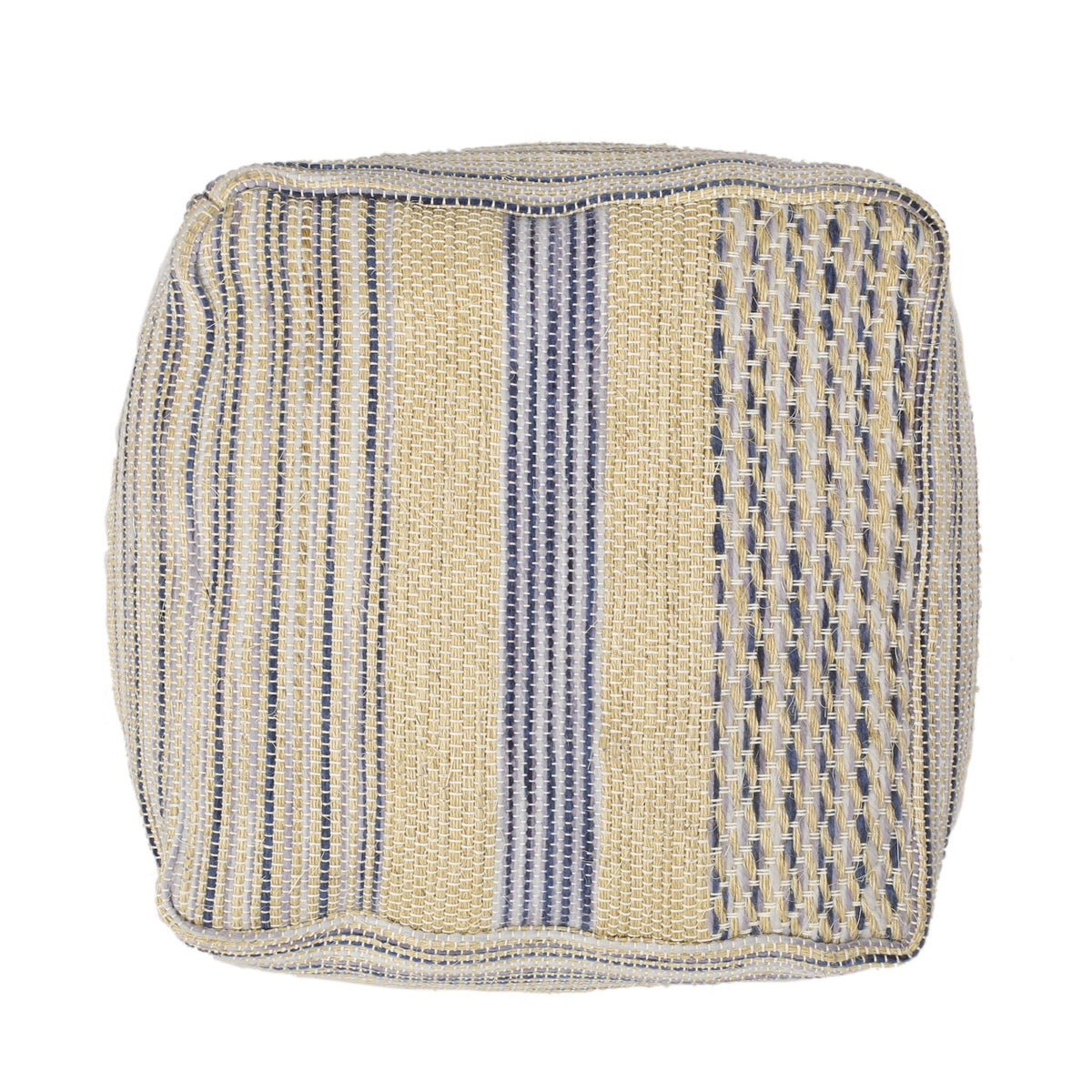 Handcrafted Fabric Pouf with Durable Hemp and Wool - Natural / Blue