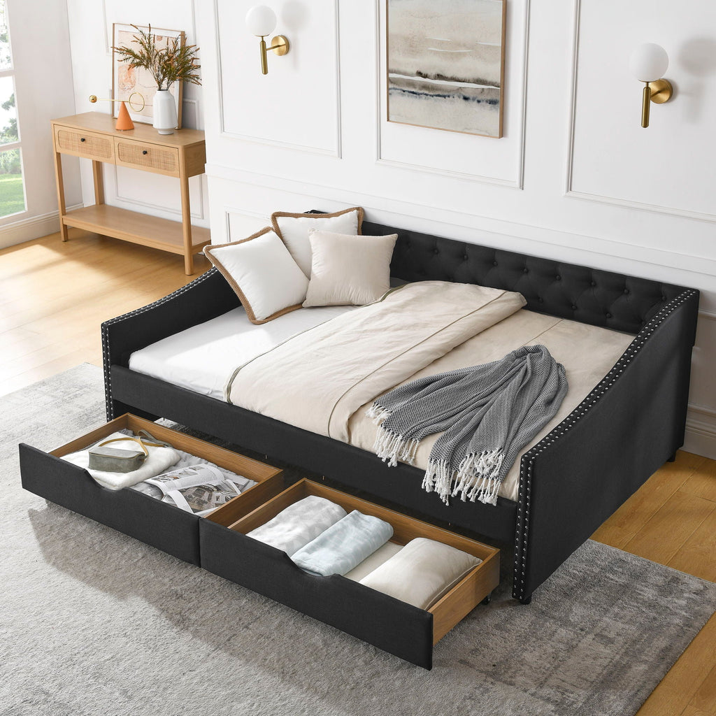 Upholstered Tufted Daybed with 2 Drawers and Waved Arms - Multiple Colors