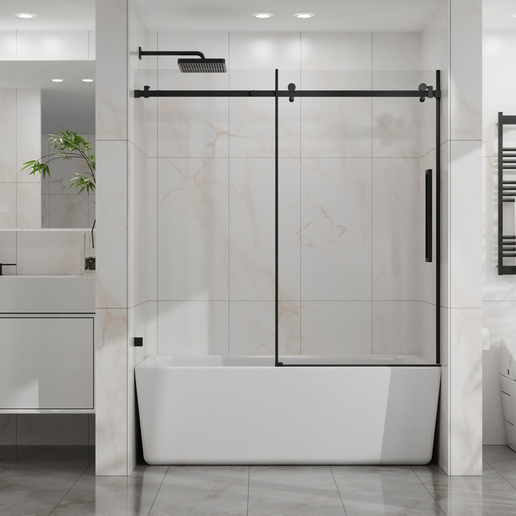 Frameless Tub Sliding Shower Door with Easy Clean Coating - Black or Pearl Silver