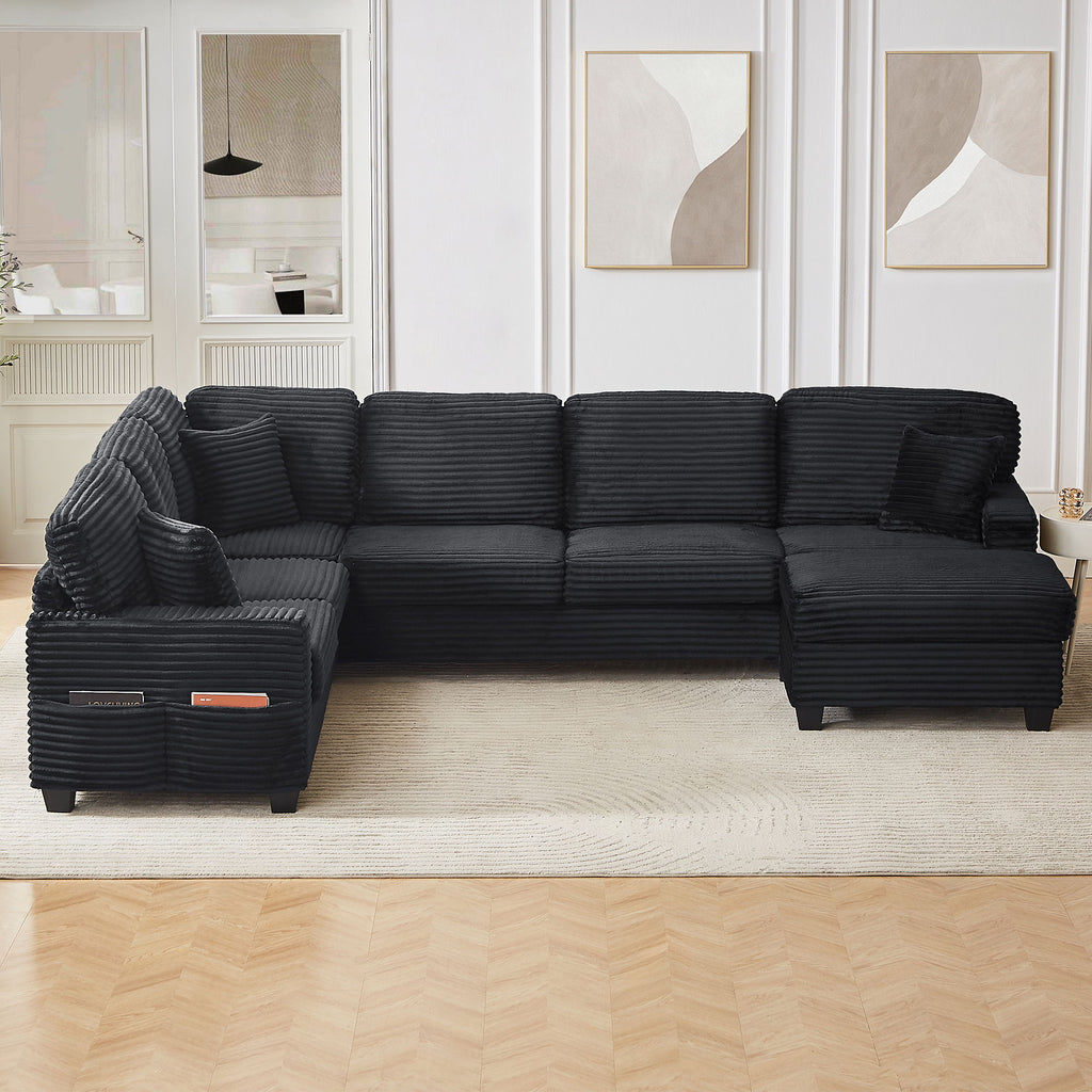 Upholstered U-Shaped Sectional Sofa with Movable Ottoman and Storage Pockets - Multiple Colors
