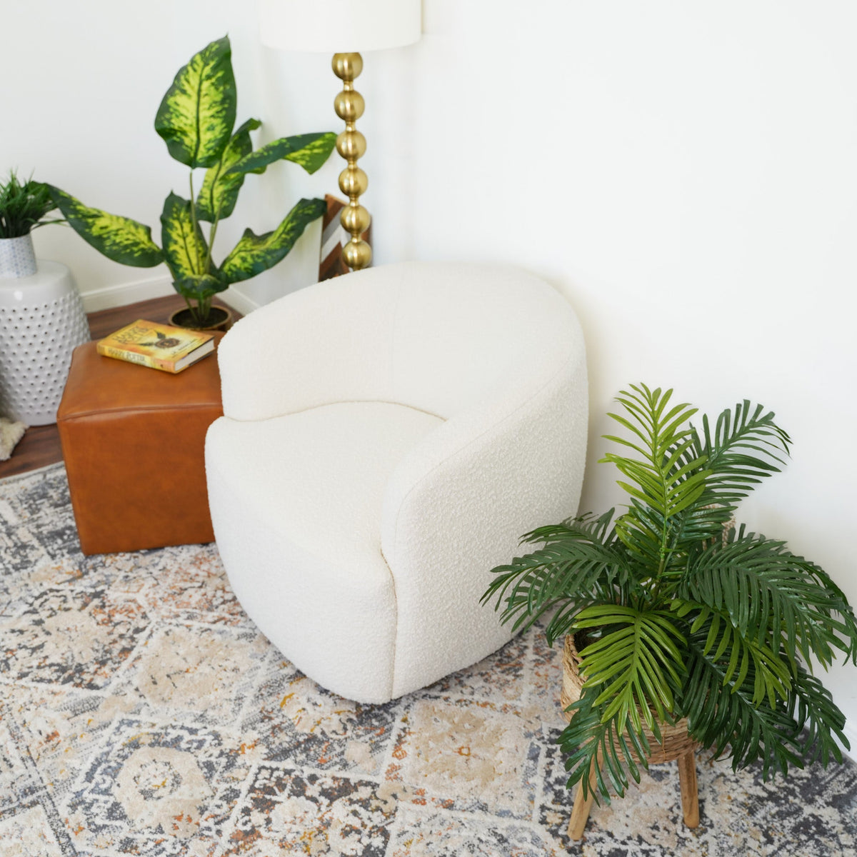 Teddy Boucle Accent Chair with Swivel Base - White