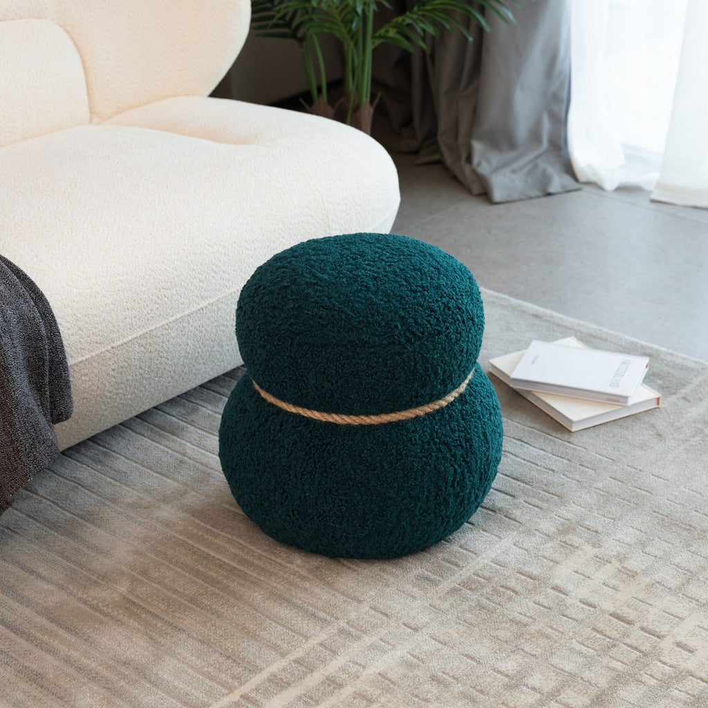 Snowman Stool Ottoman with Lamb Wool Cushion and Solid Wood Frame - White, Light Brown, Dark Green